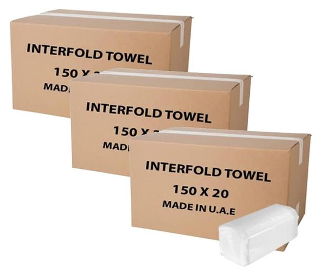 Interfold Tissue Hand Towels – 150 Sheets x 3 Packs, Soft, Absorbent, Hygienic Paper Towels for Restrooms, Offices and Public Spaces