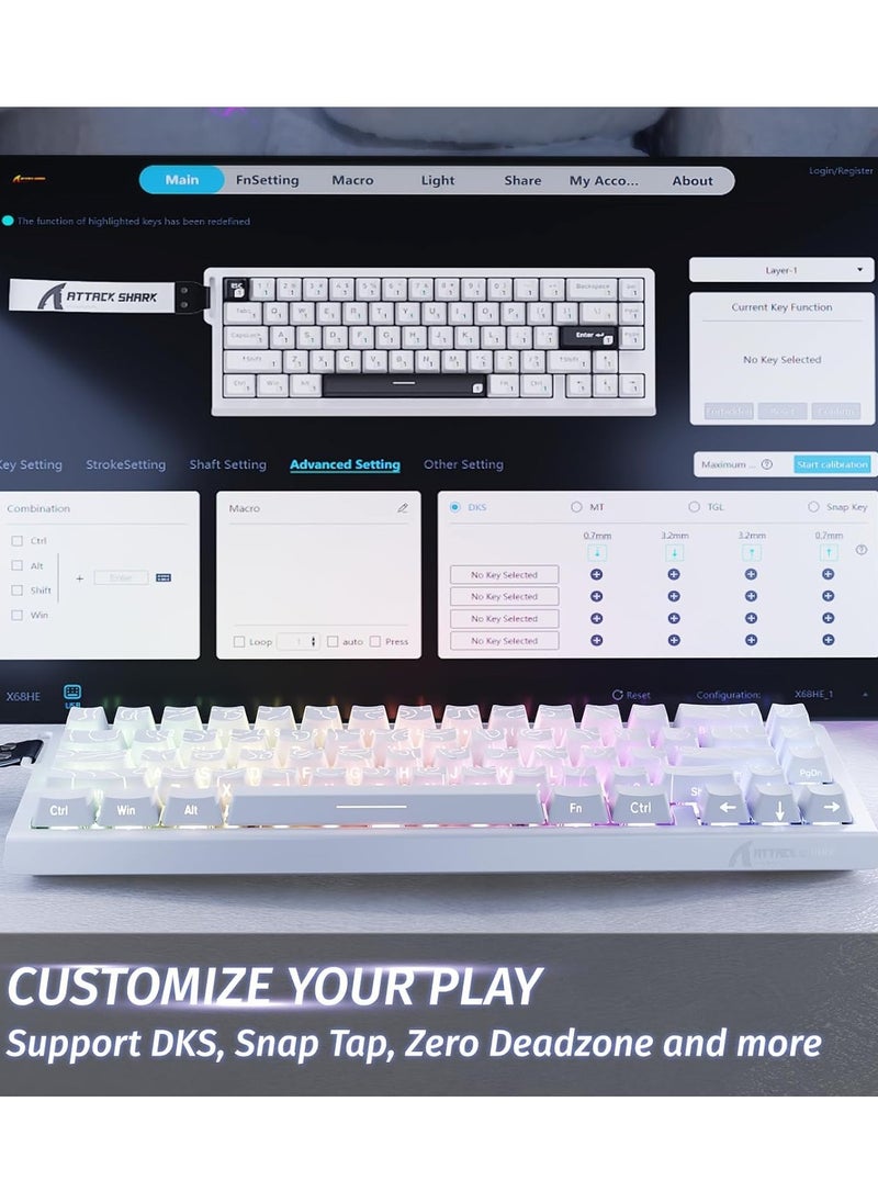 هجوم القرش - لوحة مفاتيح ميكانيكية للألعاب X68 HE Rapid Trigger 60% سلكية مع تشغيل قابل للتعديل، مفتاح مغناطيسي بتأثير هول، معدل استطلاع 8 كيلو هرتز، إضاءة خلفية RGB، تثبيت علوي، غطاء مفتاح مطبوع جانبيًا (محيط أبيض) - Image 1