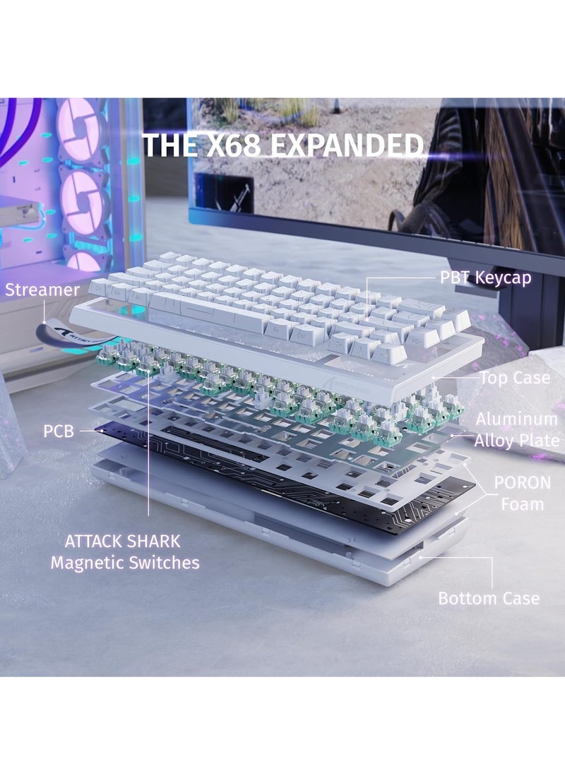 هجوم القرش - لوحة مفاتيح ميكانيكية للألعاب X68 HE Rapid Trigger 60% سلكية مع تشغيل قابل للتعديل، مفتاح مغناطيسي بتأثير هول، معدل استطلاع 8 كيلو هرتز، إضاءة خلفية RGB، تثبيت علوي، غطاء مفتاح مطبوع جانبيًا (محيط أبيض) - Image 1