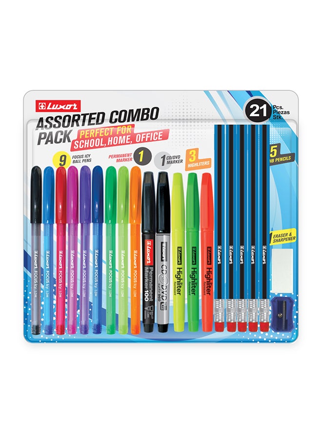 Luxor عبوة من 21 قلم بتصميم عصري، تدفق حبر سلس، تشمل 9 أقلام كراتثلجية، 1 قلم دائم و 1 قلم علامة سي دي/دي في دي، 3 أقلام تمييز، 5 أقلام رصاص، ممحاة ومبراة - Image 1