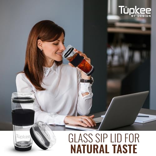 Tupkee Glass Sip Lid Black - Replacement Double Wall Glass Tumbler, 14oz & 8oz Hand Blown Travel Mug - Image 5