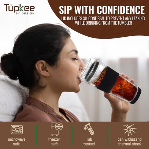 Tupkee Glass Sip Lid Black - Replacement Double Wall Glass Tumbler, 14oz & 8oz Hand Blown Travel Mug - Image 3