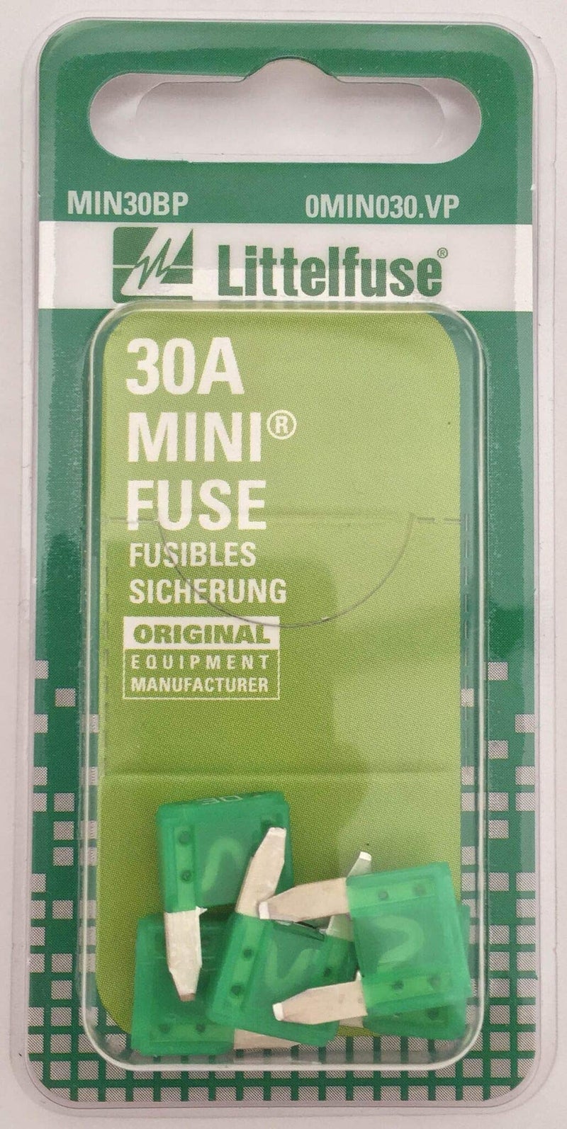 Littelfuse 0MIN030.VP MINI 32 Volt 30 Amp Carded Blade Fuse, (Pack of 5) - Image 2