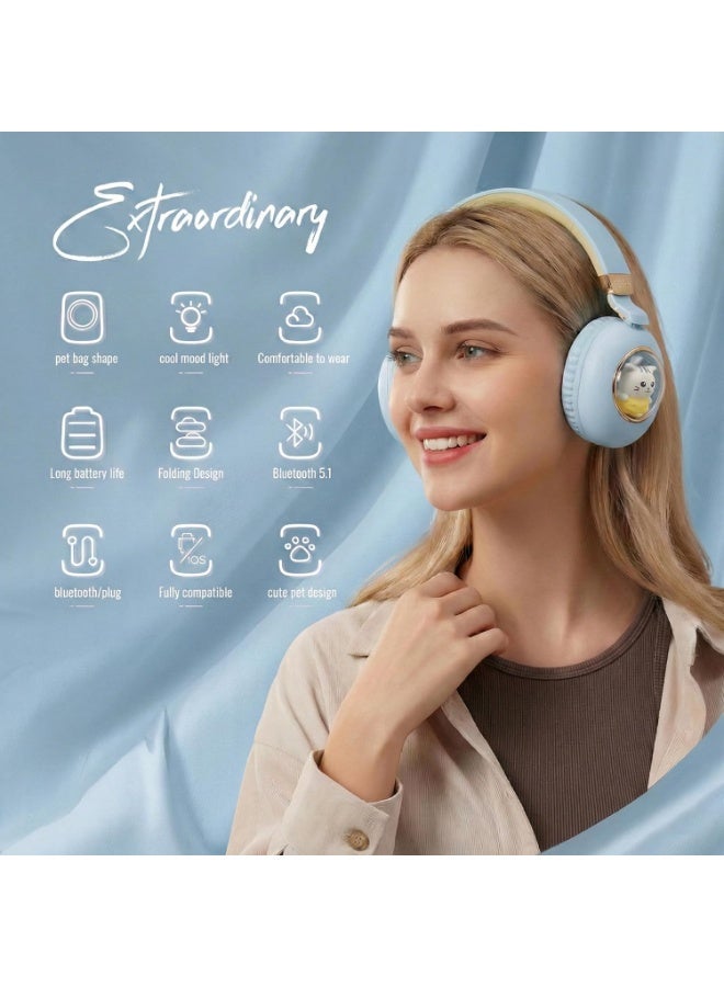 Motoq AKZ F21 Wireless Bluetooth Headphones with Cat Mascot Design, Bluetooth 5.1, Foldable Over-Ear Headphones with Comfort Cushions, Blue - Image 5