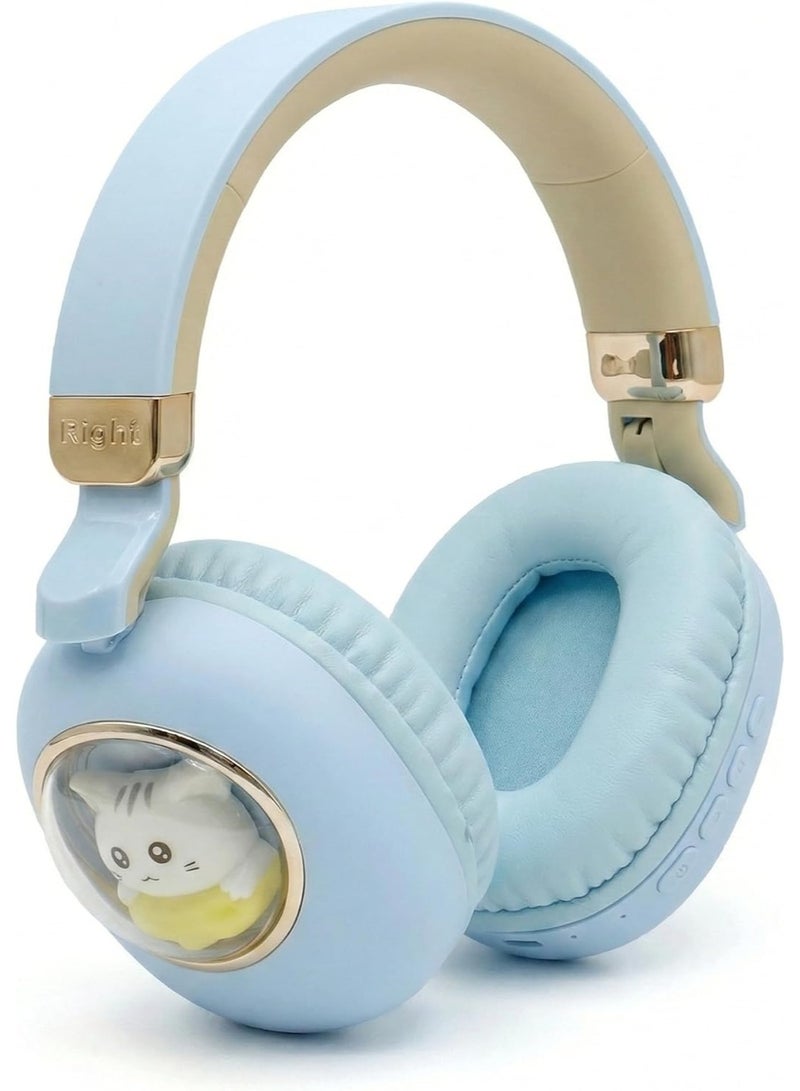 Motoq AKZ F21 Wireless Bluetooth Headphones with Cat Mascot Design, Bluetooth 5.1, Foldable Over-Ear Headphones with Comfort Cushions, Blue - Image 1