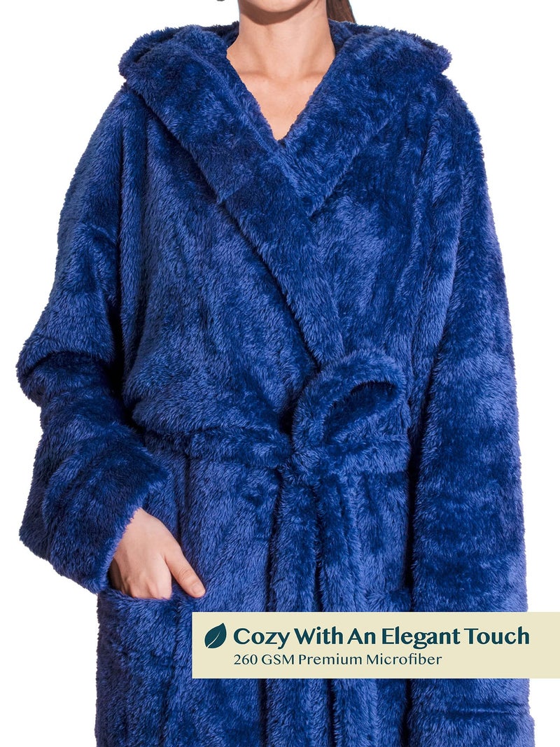 PAVILIA PAVILIA Women Hooded Plush Soft Robe | Fluffy Warm Fleece Sherpa Shaggy Bathrobe (L/XL, Royal Blue)  - Image 3
