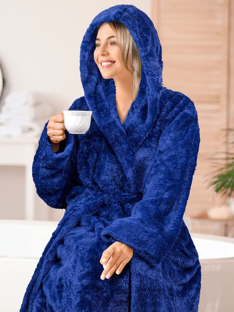 PAVILIA PAVILIA Women Hooded Plush Soft Robe | Fluffy Warm Fleece Sherpa Shaggy Bathrobe (L/XL, Royal Blue)  - Image 5
