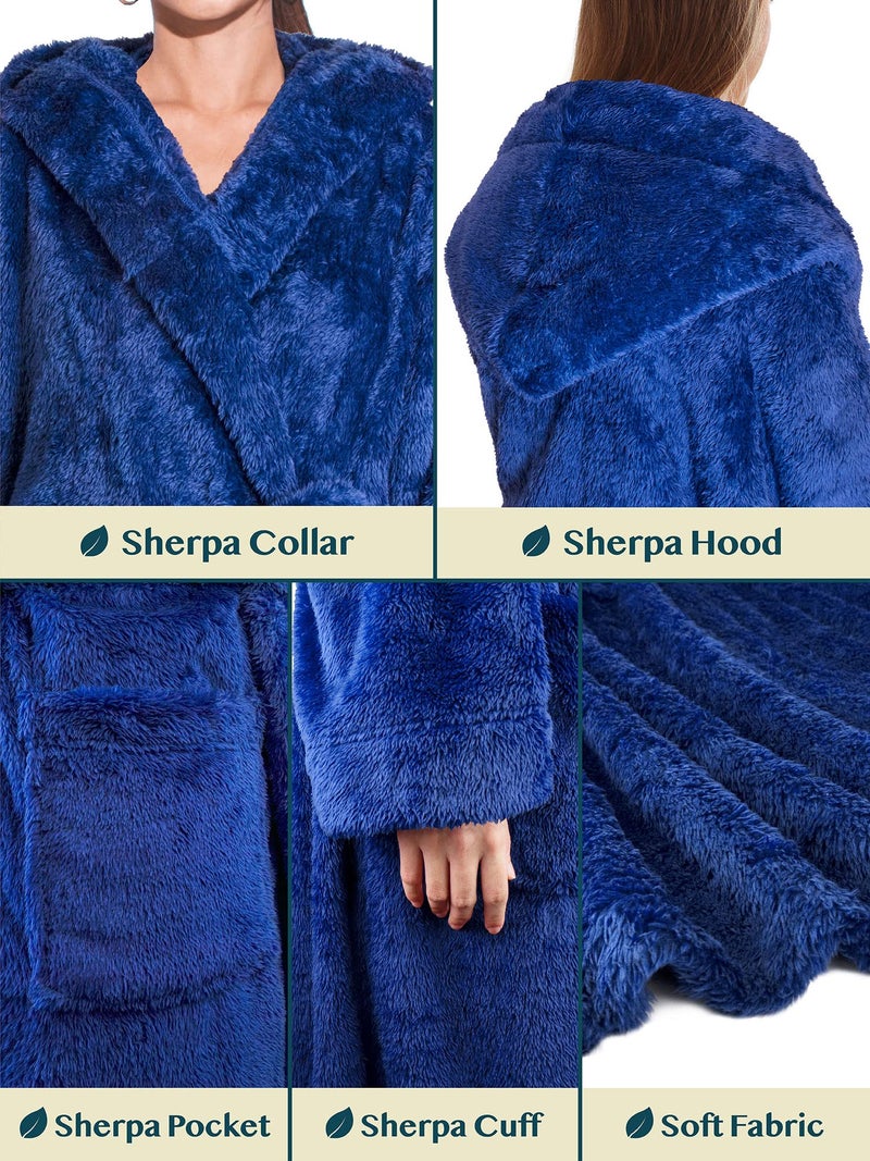 PAVILIA PAVILIA Women Hooded Plush Soft Robe | Fluffy Warm Fleece Sherpa Shaggy Bathrobe (L/XL, Royal Blue)  - Image 4