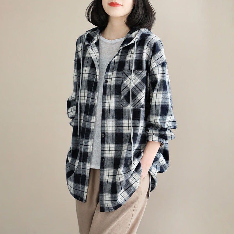 Thick Hooded Coat Women 2024 Plus Size Retro Plaid Shirt Long Sleeve Autumn Winter Jacket Black and white long sleeve shirt (hooded)