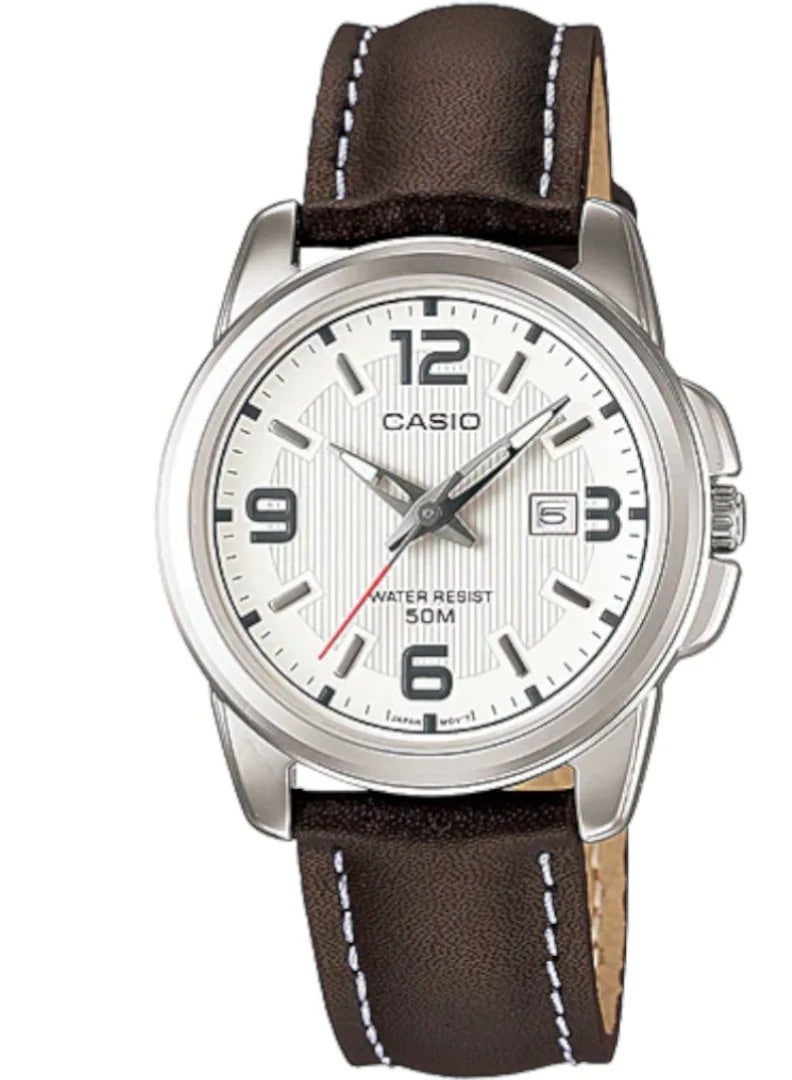 كاسيو Enticer Analog Women’s Watch LTP‑1314L‑7AVDF, 36.5 mm White Dial, Ion‑Plated Stainless Steel Case & Brown Genuine Leather Band, 50m WR - Image 1