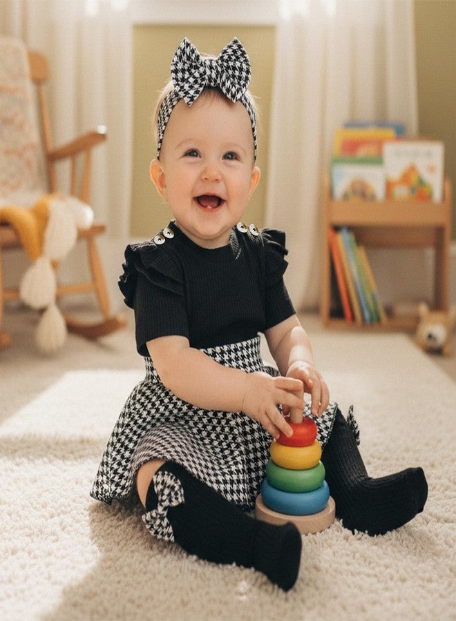 Giraropa Newborn Baby Girl Clothes Smocked Bubble Romper Dress + Socks + Headband Cute Spring Summer Baby Girl Clothes (Black, 3-6 Months) - Image 2