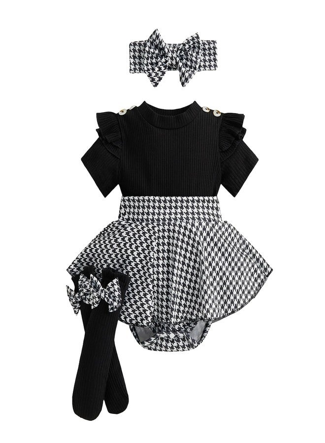 Giraropa Newborn Baby Girl Clothes Smocked Bubble Romper Dress + Socks + Headband Cute Spring Summer Baby Girl Clothes (Black, 3-6 Months) - Image 1