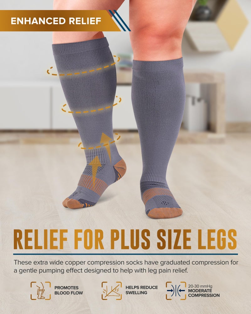 Doctor's Select Copper Plus Size Compression Socks Wide Calf - 2 Pairs | 20-30mmHg Extra Wide Calf Copper Compression Socks Men & Women for Swelling & Circulation Support | Black & Gray - Image 2