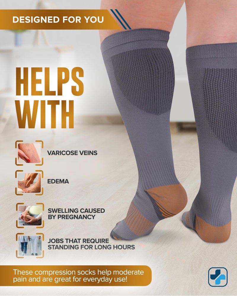 Doctor's Select Copper Plus Size Compression Socks Wide Calf - 2 Pairs | 20-30mmHg Extra Wide Calf Copper Compression Socks Men & Women for Swelling & Circulation Support | Black & Gray - Image 4