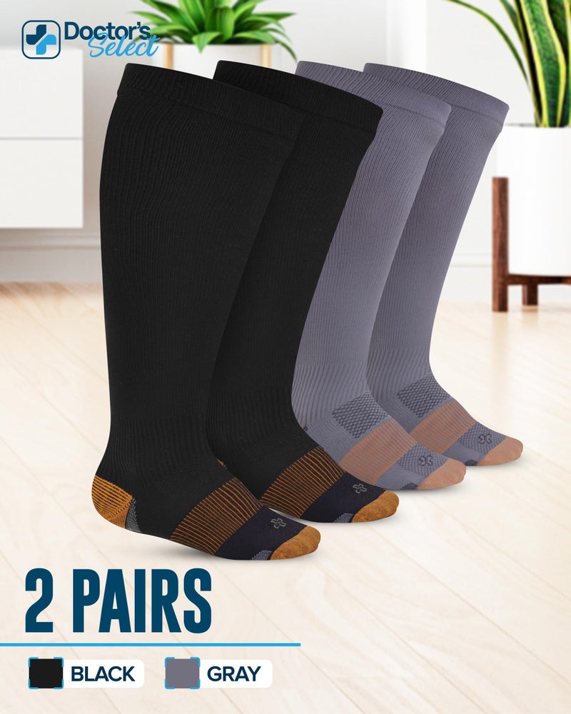 Doctor's Select Copper Plus Size Compression Socks Wide Calf - 2 Pairs | 20-30mmHg Extra Wide Calf Copper Compression Socks Men & Women for Swelling & Circulation Support | Black & Gray - Image 5