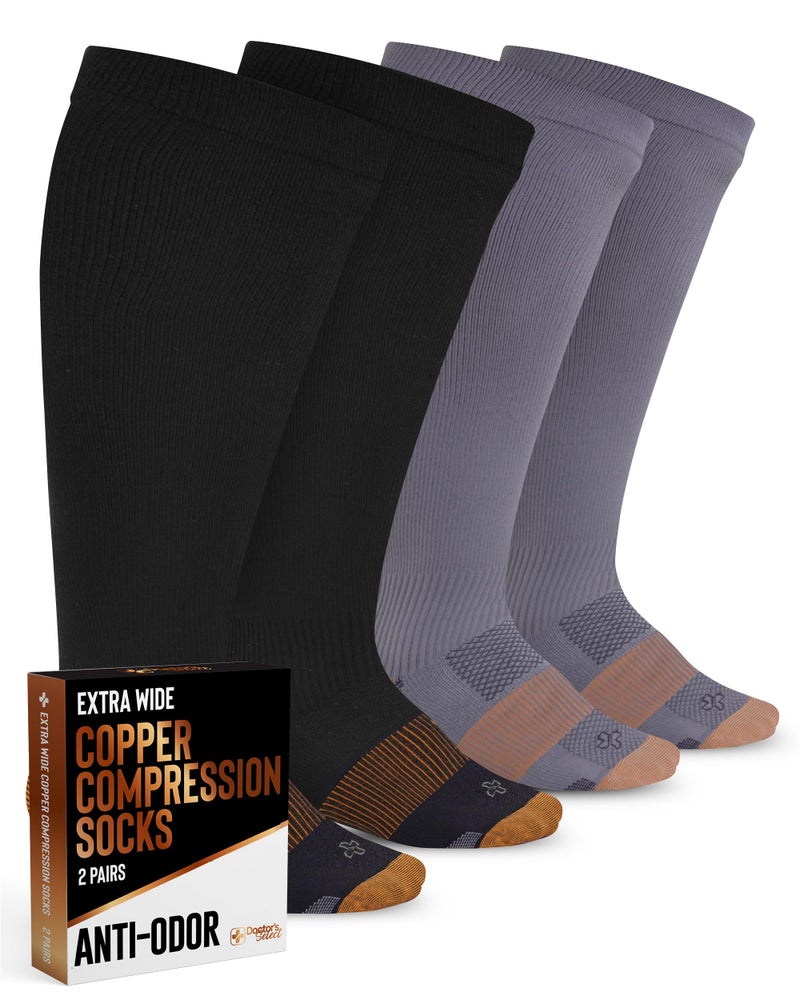 Doctor's Select Copper Plus Size Compression Socks Wide Calf - 2 Pairs | 20-30mmHg Extra Wide Calf Copper Compression Socks Men & Women for Swelling & Circulation Support | Black & Gray - Image 1