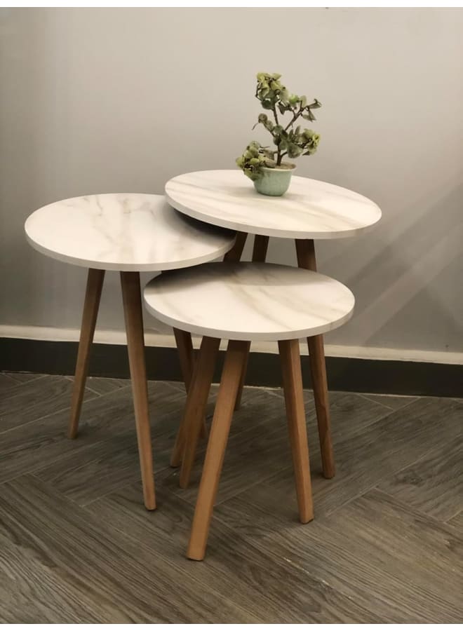 Joints Modern 3-Pieces Coffee Table Set – White Top with Wooden Legs – Stylish and Durable Design  - Image 2