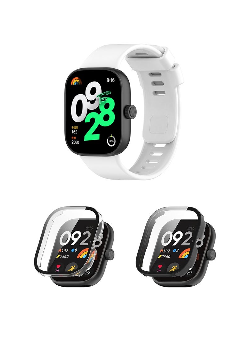 2 Pcs Glass Case and 1 Pcs Silicone Strap for Xiaomi Redmi Watch 4,All Around Hard PC Scratched Resistant Full Protective Cover, Band Soft Silicone Breathable Replacement Strap Wristband Sport Band for Women Men Set - Image 1