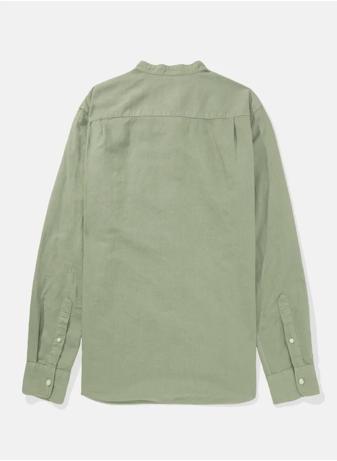American Eagle AE Band Collar Linen Button-Up Shirt