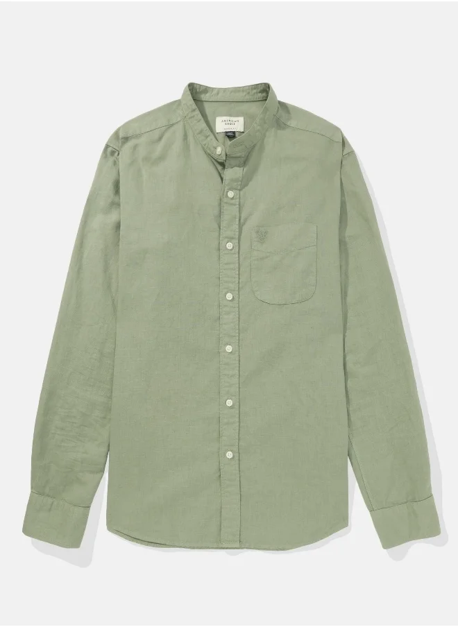 American Eagle AE Band Collar Linen Button-Up Shirt