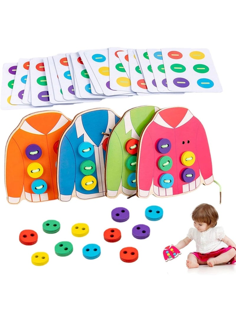 SOLARAE Kids Lacing Cards, 4 Pcs Wooden Clothes Lacing Cards, Double Sided Sewing Cards with 30 Game Word, Imagination Development Lacing Toys Games for Children Educational and Learning Activity - Image 1