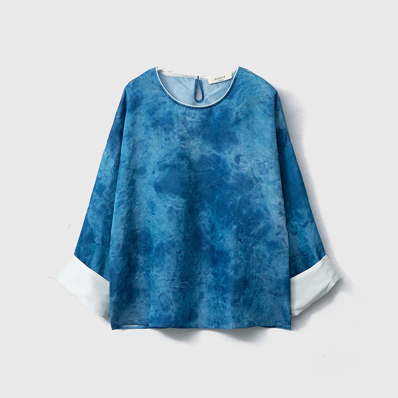 Handmade Tie-dyed Silk Crewneck Loose Top Womens Sleeve Retro Small Shirt Spring Mulberry Silk Shirt blue vignetting  - Image 1