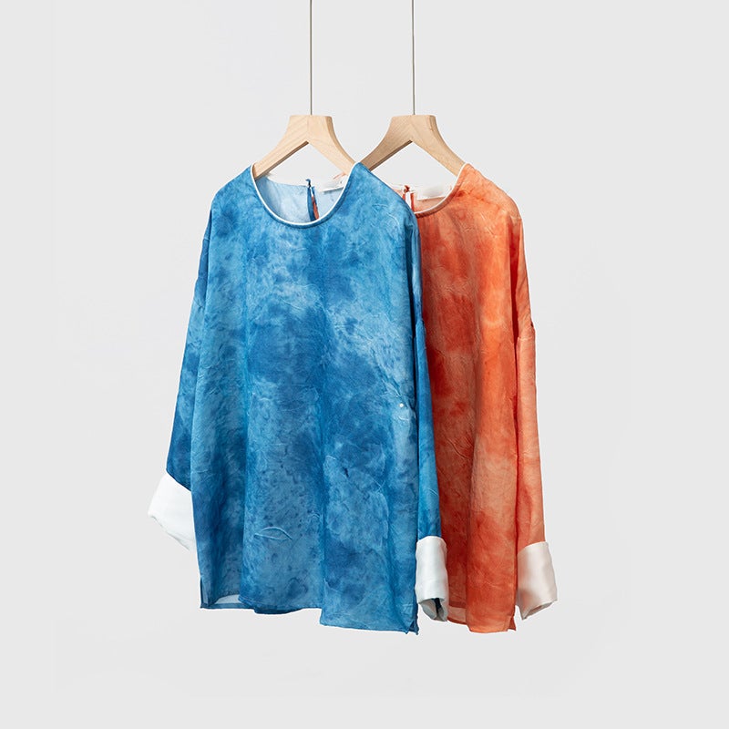 Handmade Tie-dyed Silk Crewneck Loose Top Womens Sleeve Retro Small Shirt Spring Mulberry Silk Shirt blue vignetting  - Image 2