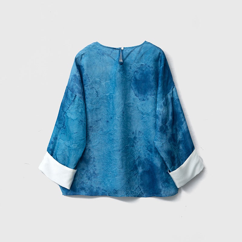 Handmade Tie-dyed Silk Crewneck Loose Top Womens Sleeve Retro Small Shirt Spring Mulberry Silk Shirt blue vignetting  - Image 4