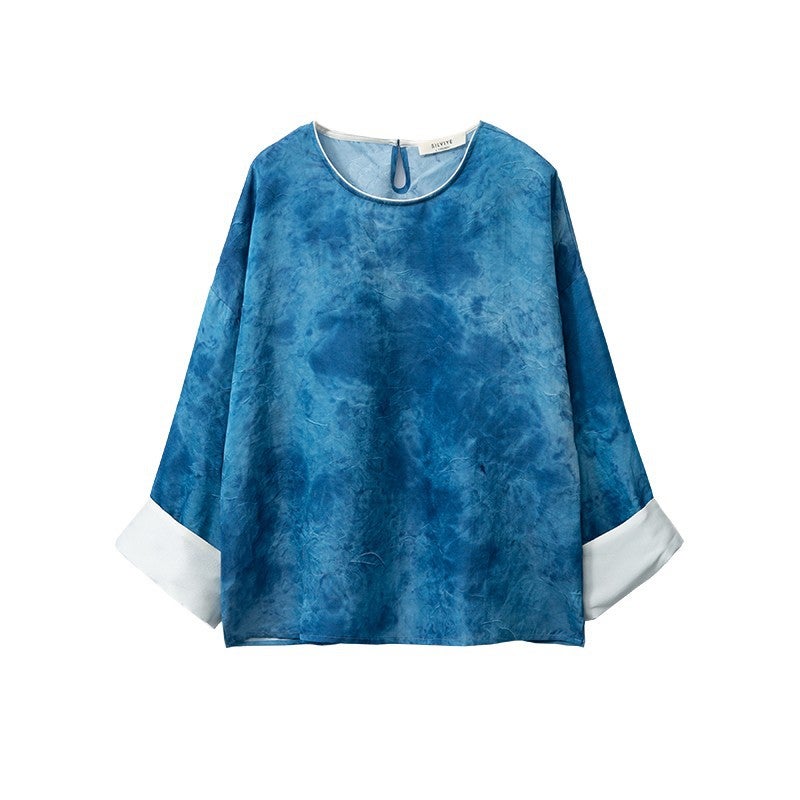 Handmade Tie-dyed Silk Crewneck Loose Top Womens Sleeve Retro Small Shirt Spring Mulberry Silk Shirt blue vignetting