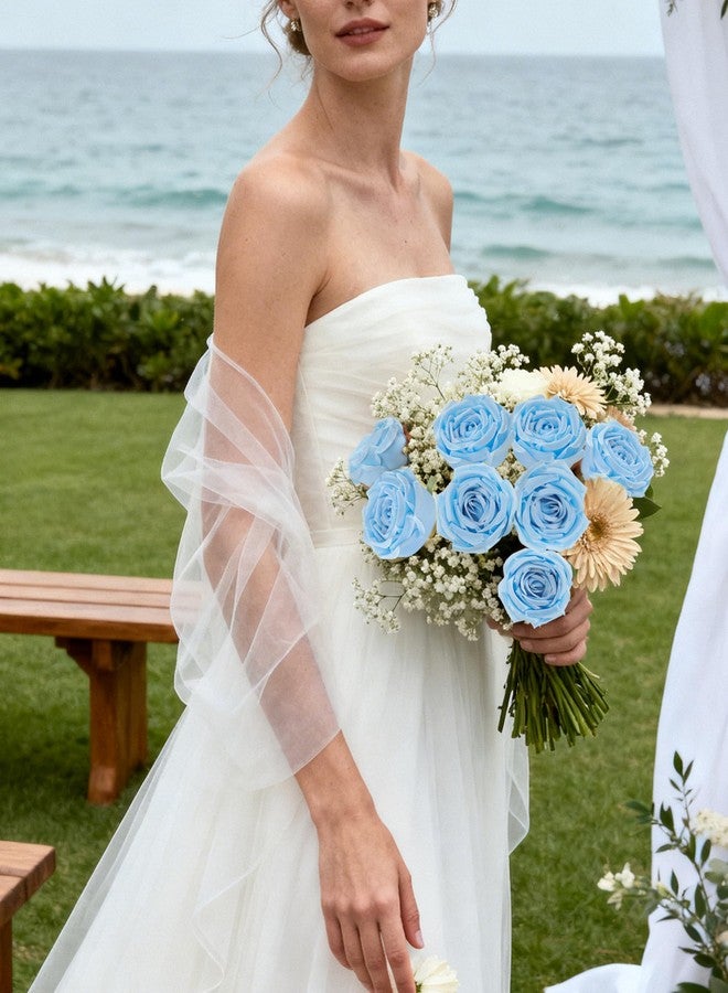 DuHouse 12pcs Fake Roses Artificial Silk Roses Long Stems Bouquet for Arrangement Wedding Centerpiece Party Home Kitchen Decor(Sky Blue) - Image 4