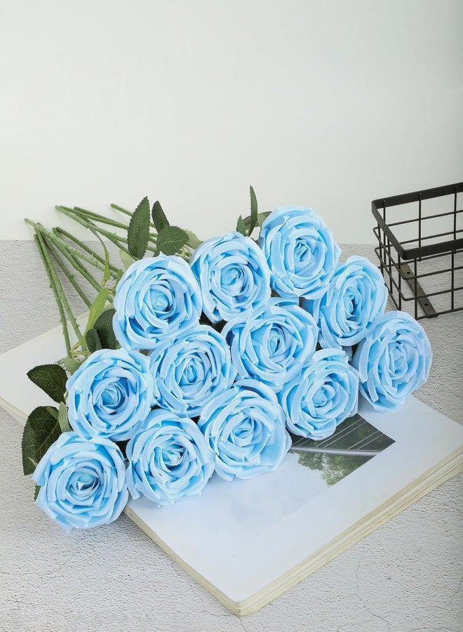DuHouse 12pcs Fake Roses Artificial Silk Roses Long Stems Bouquet for Arrangement Wedding Centerpiece Party Home Kitchen Decor(Sky Blue) - Image 3