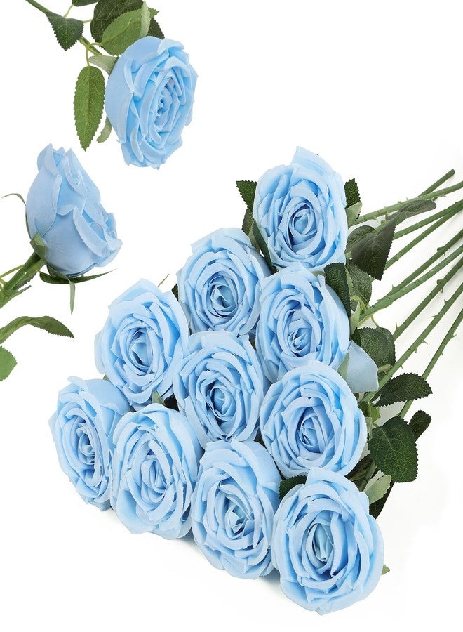 DuHouse 12pcs Fake Roses Artificial Silk Roses Long Stems Bouquet for Arrangement Wedding Centerpiece Party Home Kitchen Decor(Sky Blue) - Image 1
