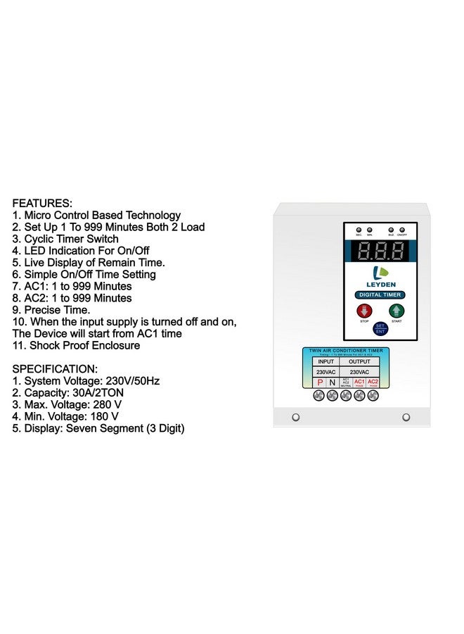 Leyden LEYDEN® TM-DAT 30A, 220VAC, 1-999 Minutes On Off Digital Timer Switch for Dual AC Timer Switch for 2 Air Conditioner for Energy Saving (1-Year Warranty)  - Image 2