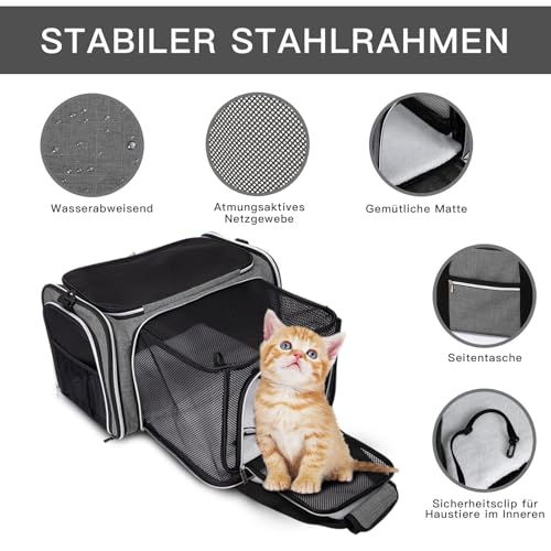 BAGLHER Expandable Cat Carrier with Travel Litter Box, Pet Travel 5 Sides Open Doors 3 Sides, Leak-Proof and Collapsible, for Car, Airplane Trip, Grey - Image 3