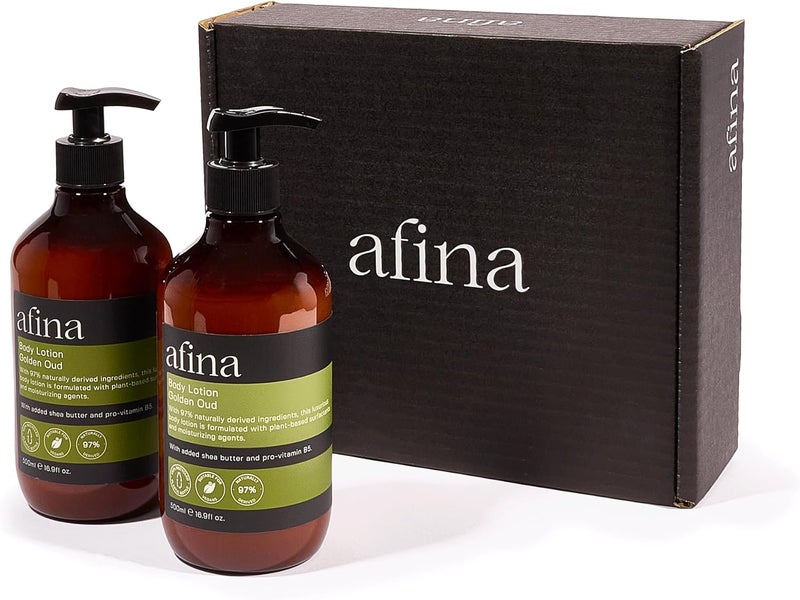 Afina Golden Oud Luxury Body Lotion 500mlx2 Body Lotion Bottle Sensual Blend of Spicy Creamy Floral Notes Backed With Warm Ambery Woody Undertones Vegan Friendly Hand Cream UK Produced