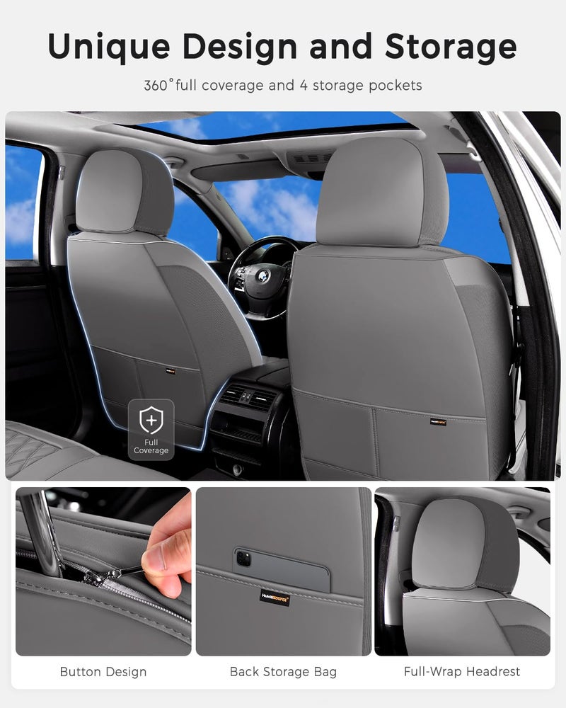 Huidasource Gray Seat Covers Full Set, Gray Seat Covers 5 Seats Waterproof Nappa Leather, Universal Fit for Most Cars,Van,Truck, SUV, Honda Civic Nissan Compass Sentra Focus Explorer(Full Set/Gray) - Image 5