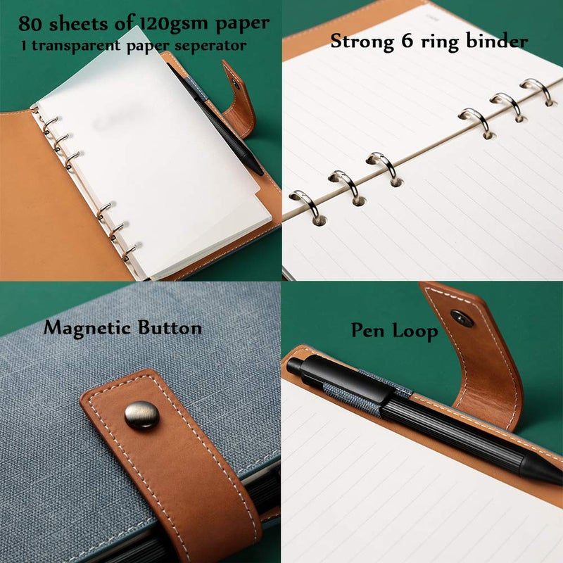 CAGIE A6 Refillable Faux Leather Traveler Notebook Binder Journals 6 Ring Binder Personal Organizer Travel Diary for Women Men Lined Grid Blank Paper with Calendar Denim Blue - Image 3