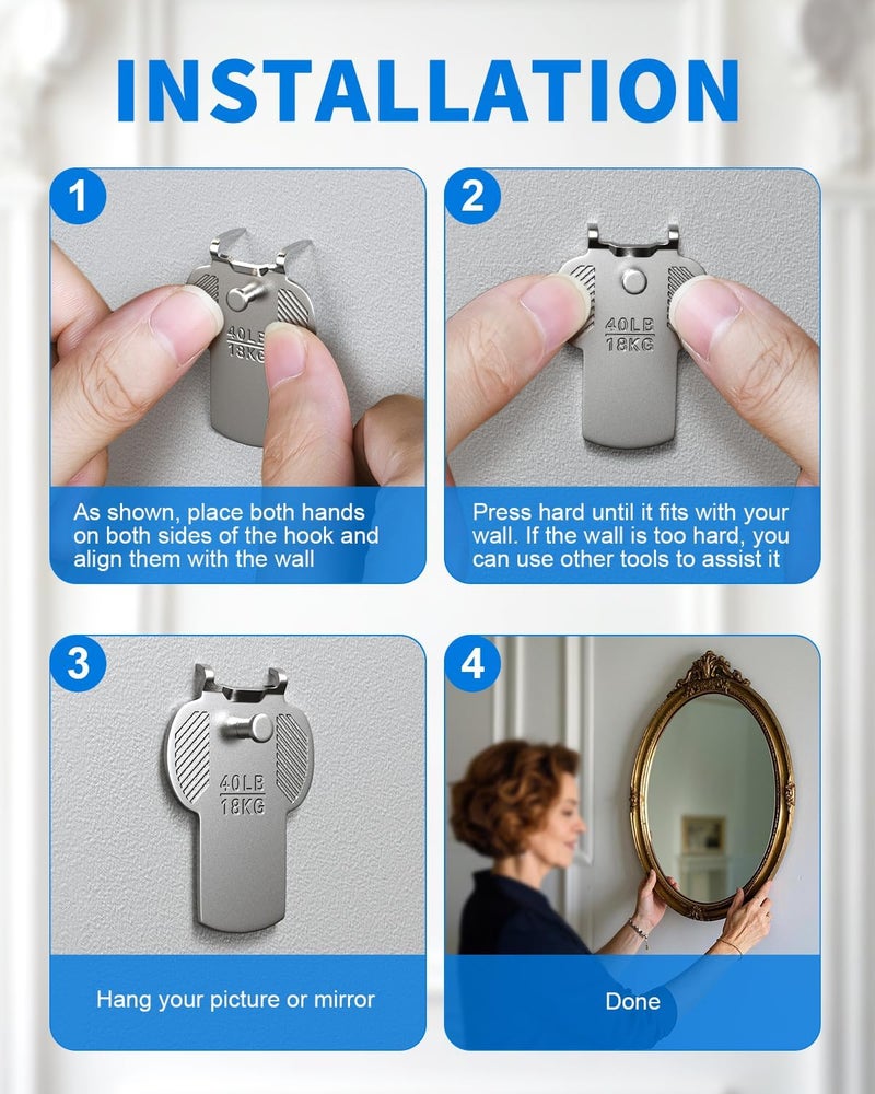 LZC Drywall Picture Hanging Hooks Claw: 15Pcs 40lb Large Wall Picture Frame Hangers - Art Hanging No Damage Heavy Duty Mirror Photo Poster Painting Hanger Hardware Kit - Claw for Decor Room - Image 4