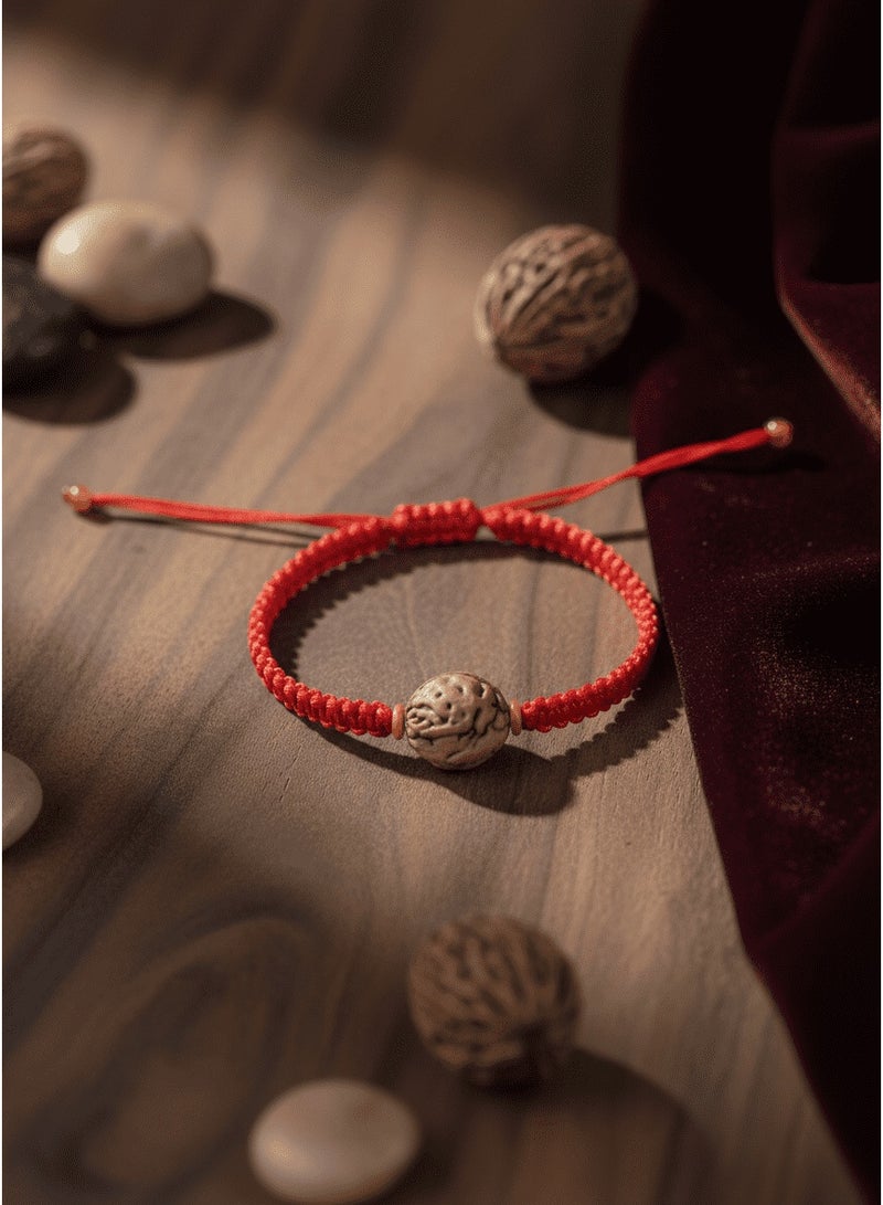 تشوميل Handmade Adjustable Red Lucky Braided Cord Bracelet with Natural Walnut Carved Bead – Healing Energy Jewelry - Image 2