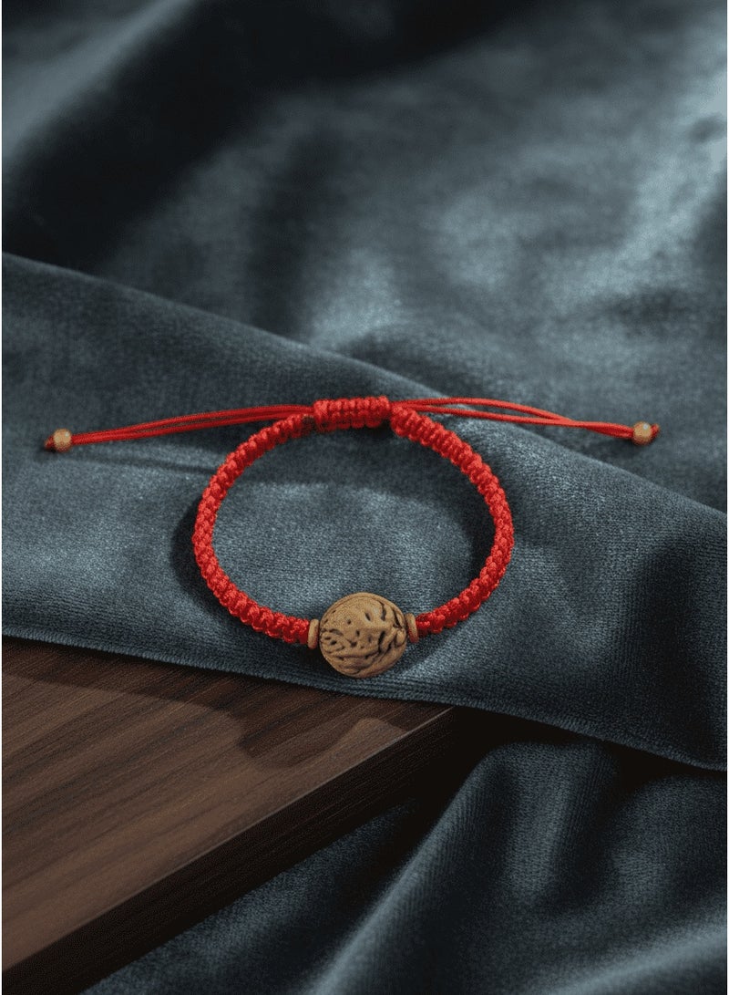 تشوميل Handmade Adjustable Red Lucky Braided Cord Bracelet with Natural Walnut Carved Bead – Healing Energy Jewelry - Image 3