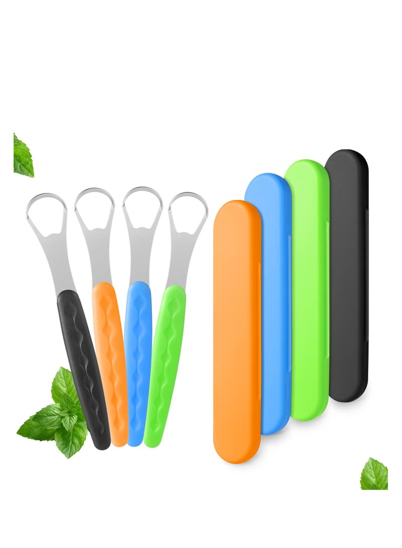 KASTWAVE Tongue Brush Stainless Steel Scraper Tools with Mini Storage Case Cleaner for Prevent Bad Breath Keep Oral Fresh 4 Pack - Image 1