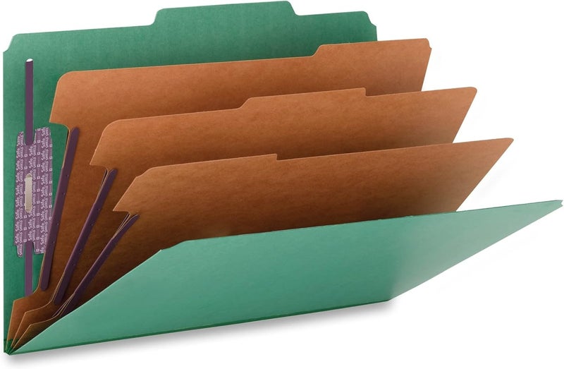Smead Pressboard Classification File Folder with SafeSHIELD Fasteners, 3 Dividers, 3" Expansion, Legal Size, Green, 10 Per Box - Image 1