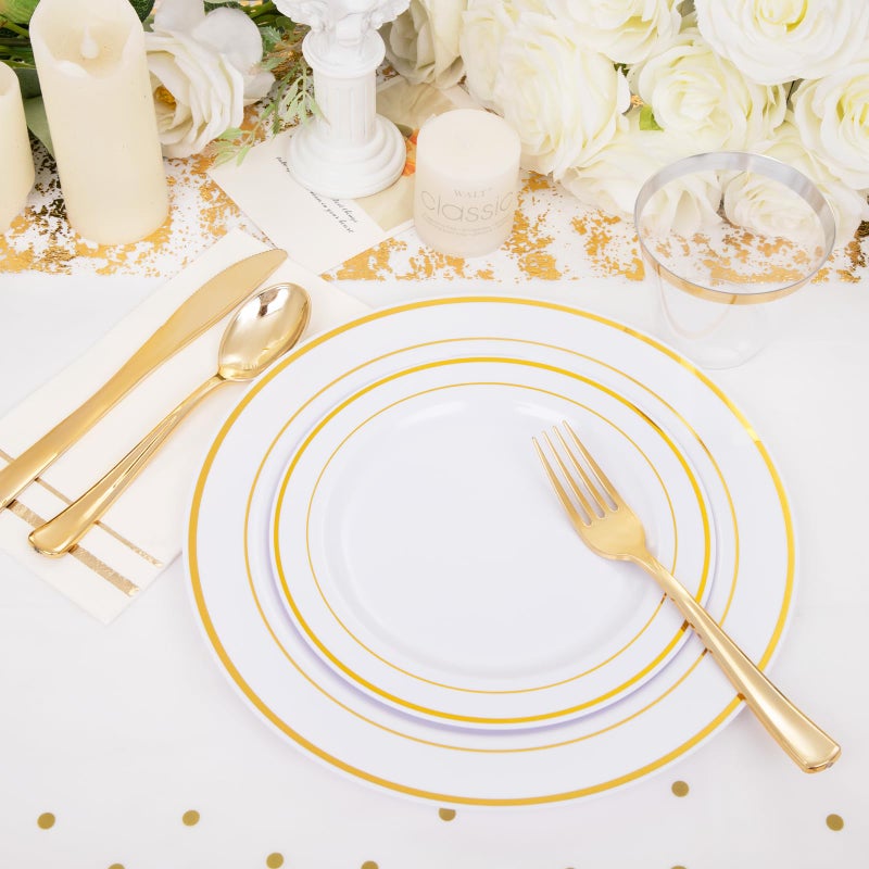 GATHER 176 Pieces Gold Dinnerware Disposable - White and Gold Plastic Plates Includes 50 Plates  25 Plastic Silverware  25 Napkins  25 Cups and 1 Tablecloth for Wedding Party - Image 4
