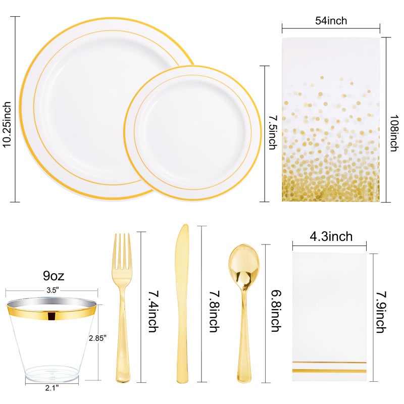 GATHER 176 Pieces Gold Dinnerware Disposable - White and Gold Plastic Plates Includes 50 Plates  25 Plastic Silverware  25 Napkins  25 Cups and 1 Tablecloth for Wedding Party - Image 2