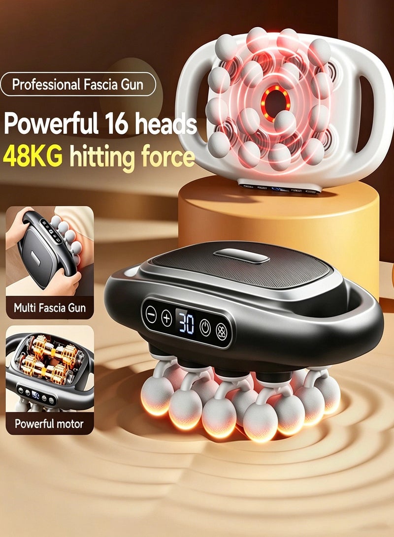 16 Heads Percussion Massage Gun Deep Tissue Massager With Heating 48KG High Power Muscle Relax Device 30 Speed LED Display Type C Charging For Back Legs Calf Body Pain Relief Home Office Use - Image 2