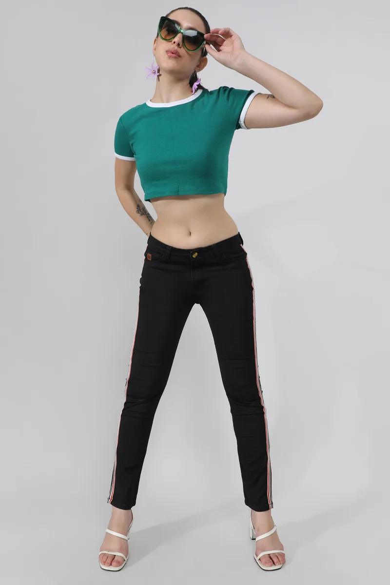 Pinacolada  Women's Jet Black Contrast Side-Striped Denim Jeans for Women | Best Price UAE