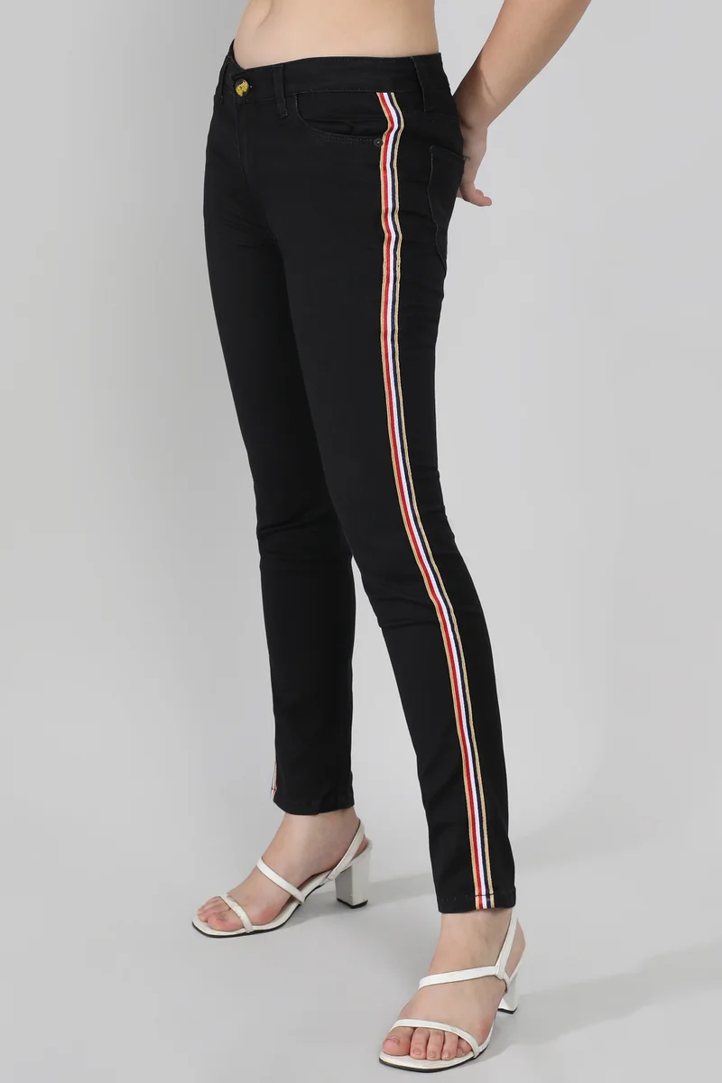 Pinacolada  Women's Jet Black Contrast Side-Striped Denim Jeans for Women | Best Price UAE