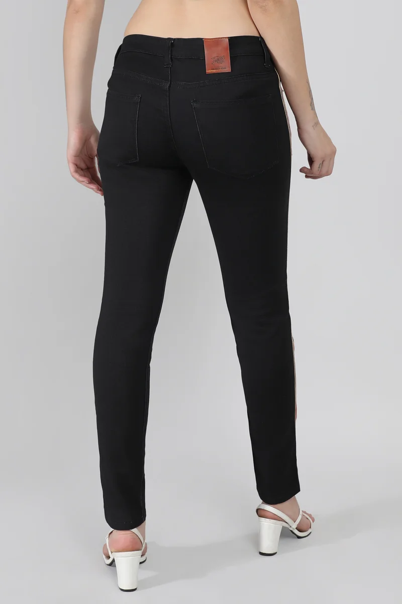 Pinacolada  Women's Jet Black Contrast Side-Striped Denim Jeans for Women | Best Price UAE