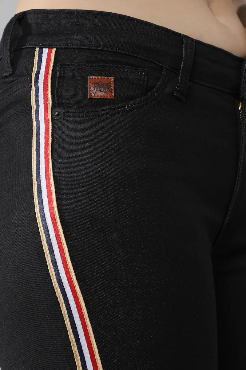 Pinacolada  Women's Jet Black Contrast Side-Striped Denim Jeans for Women | Best Price UAE
