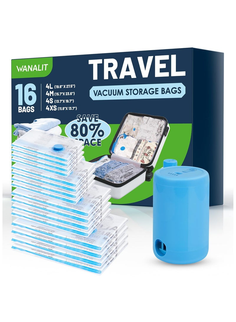 Vacuum Storage Bags for Travel, 16 Pack (4L+4M+4S+4XS) Vacuum Seal Bags with Wireless Rechargeable Electric Pump, Travel Essentials Space Saving Bags for Clothes, Luggage, Carry-on Suitcase, Backpack